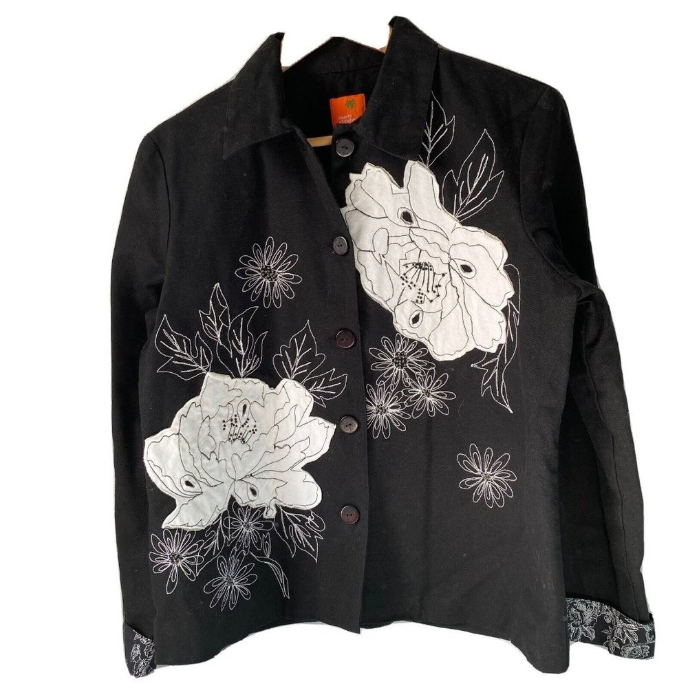 Hearts of Palm Black Floral Applique Beaded Embroidered Button‎ Jacket Size 10